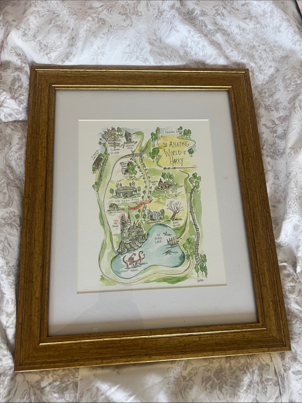 Framed Harry Potter Illustrated Map Art Print in Wooden Frame - Green & Blue